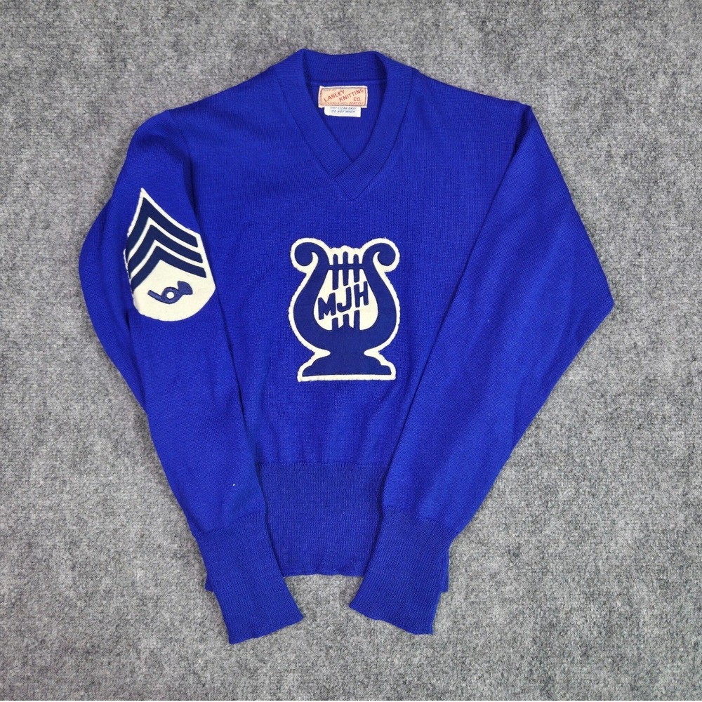 Vintage 50s Lasley Knitting Wool Letterman Sweater Music Band Chenille Lyre XS
